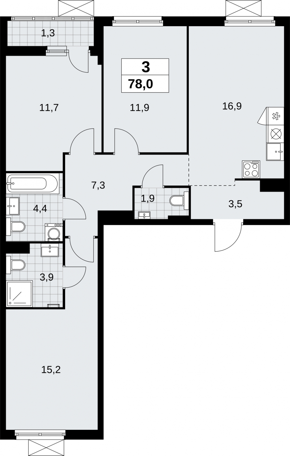 3-комнатная квартира в ЖК Дзен-кварталы на 9 этаже в 5 секции. Сдача в 2 кв. 2026 г.