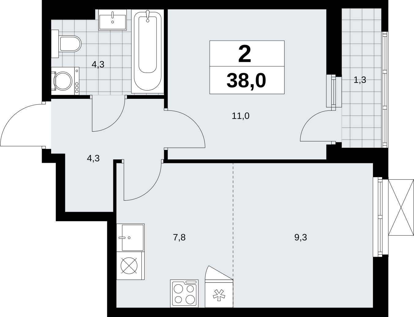 1-комнатная квартира (Студия) с отделкой в ЖК Дзен-кварталы на 3 этаже в 4 секции. Сдача в 3 кв. 2026 г.