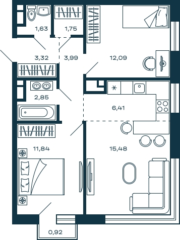 1-комнатная квартира (Студия) с отделкой в ЖК Дзен-кварталы на 8 этаже в 3 секции. Сдача в 3 кв. 2026 г.