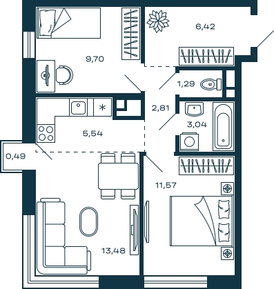 2-комнатная квартира с отделкой в ЖК Дзен-кварталы на 3 этаже в 3 секции. Сдача в 2 кв. 2026 г.
