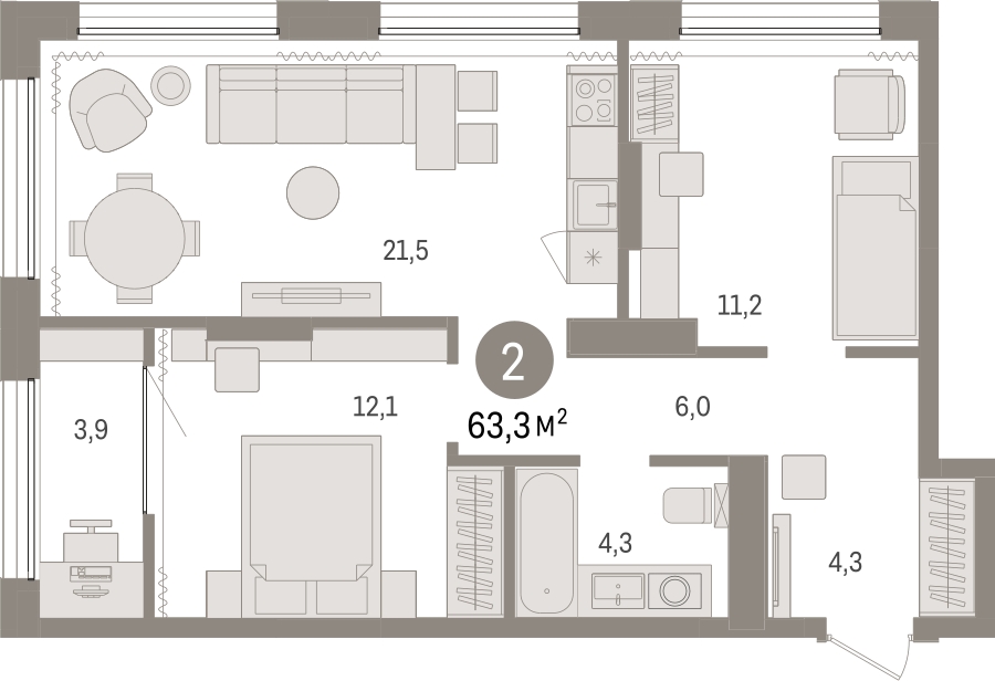 2-комнатная квартира в ЖК Дзен-кварталы на 3 этаже в 1 секции. Сдача в 2 кв. 2026 г.