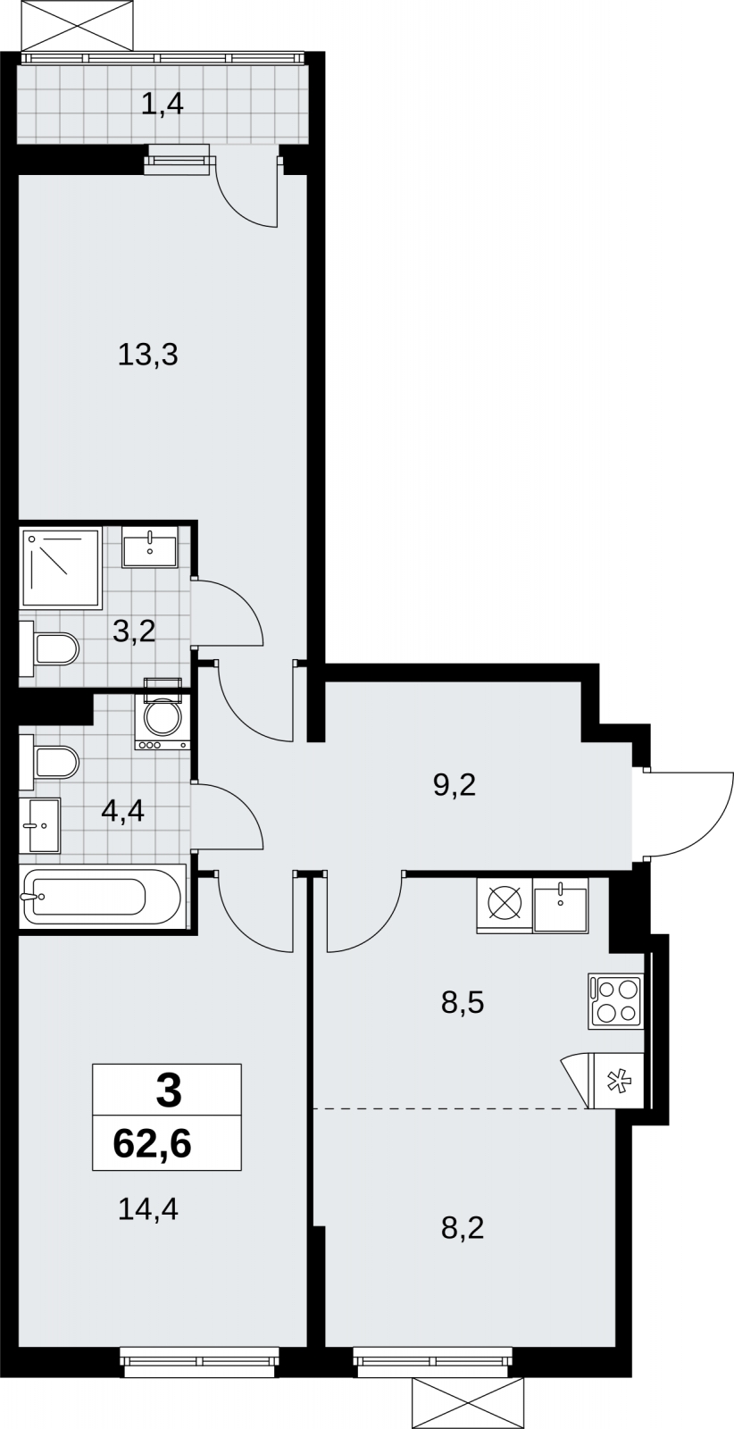 1-комнатная квартира (Студия) в ЖК Дзен-кварталы на 4 этаже в 5 секции. Сдача в 1 кв. 2026 г.