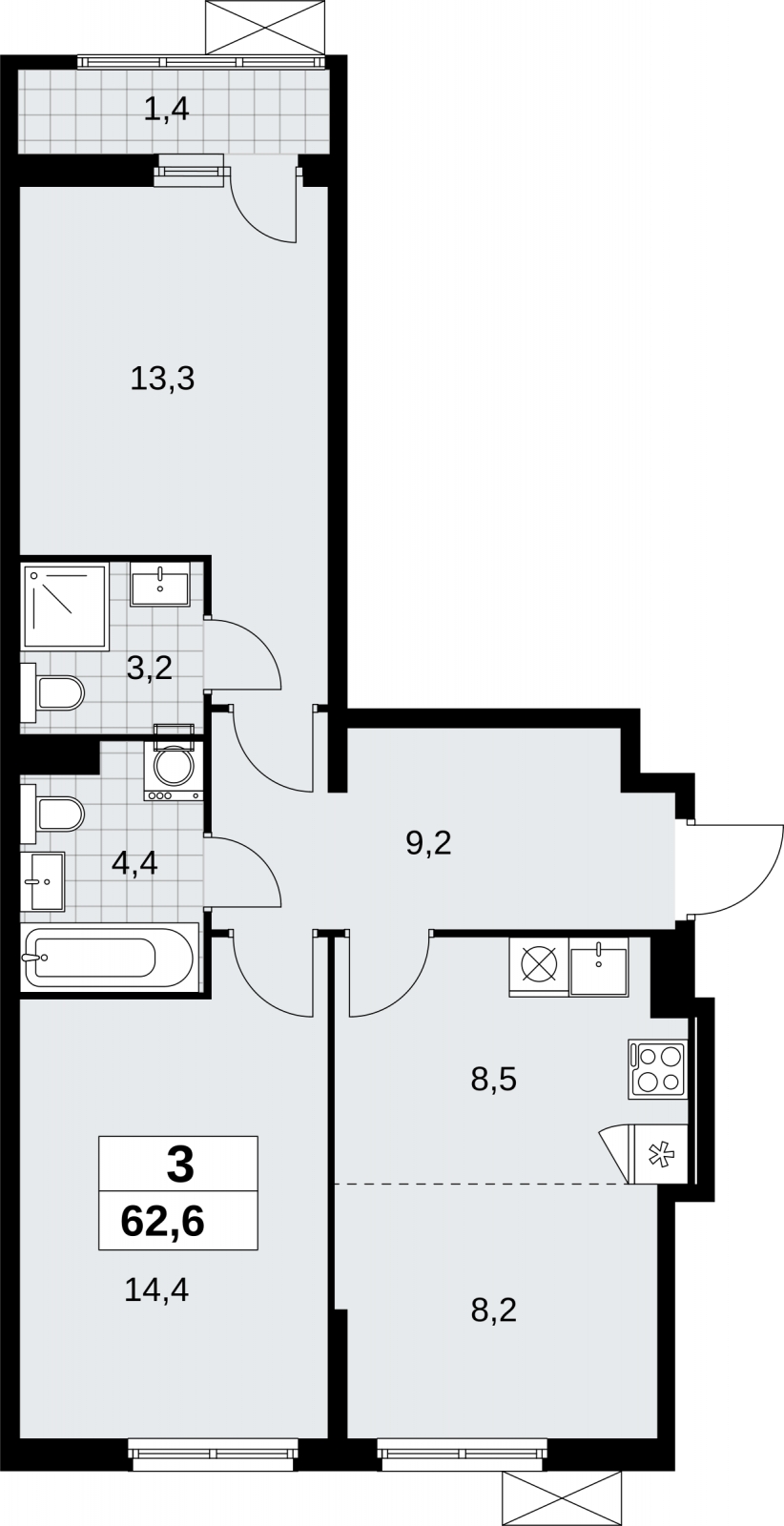 3-комнатная квартира с отделкой в ЖК Дзен-кварталы на 9 этаже в 5 секции. Сдача в 3 кв. 2026 г.