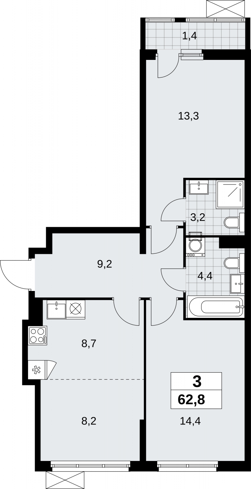 3-комнатная квартира с отделкой в ЖК Дзен-кварталы на 8 этаже в 4 секции. Сдача в 3 кв. 2026 г.