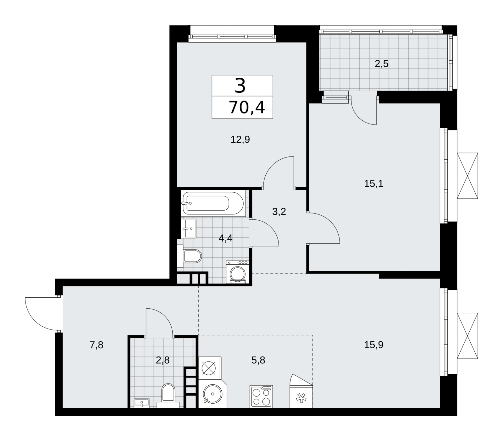 3-комнатная квартира с отделкой в Брусника в Академическом на 8 этаже в 2 секции. Сдача в 4 кв. 2024 г.