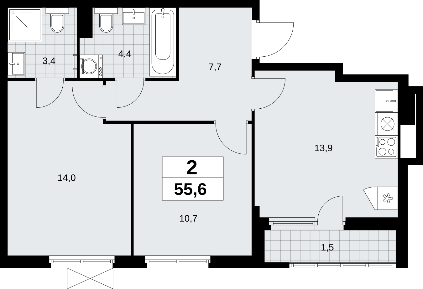 2-комнатная квартира в ЖК Дзен-кварталы на 12 этаже в 1 секции. Сдача в 2 кв. 2026 г.
