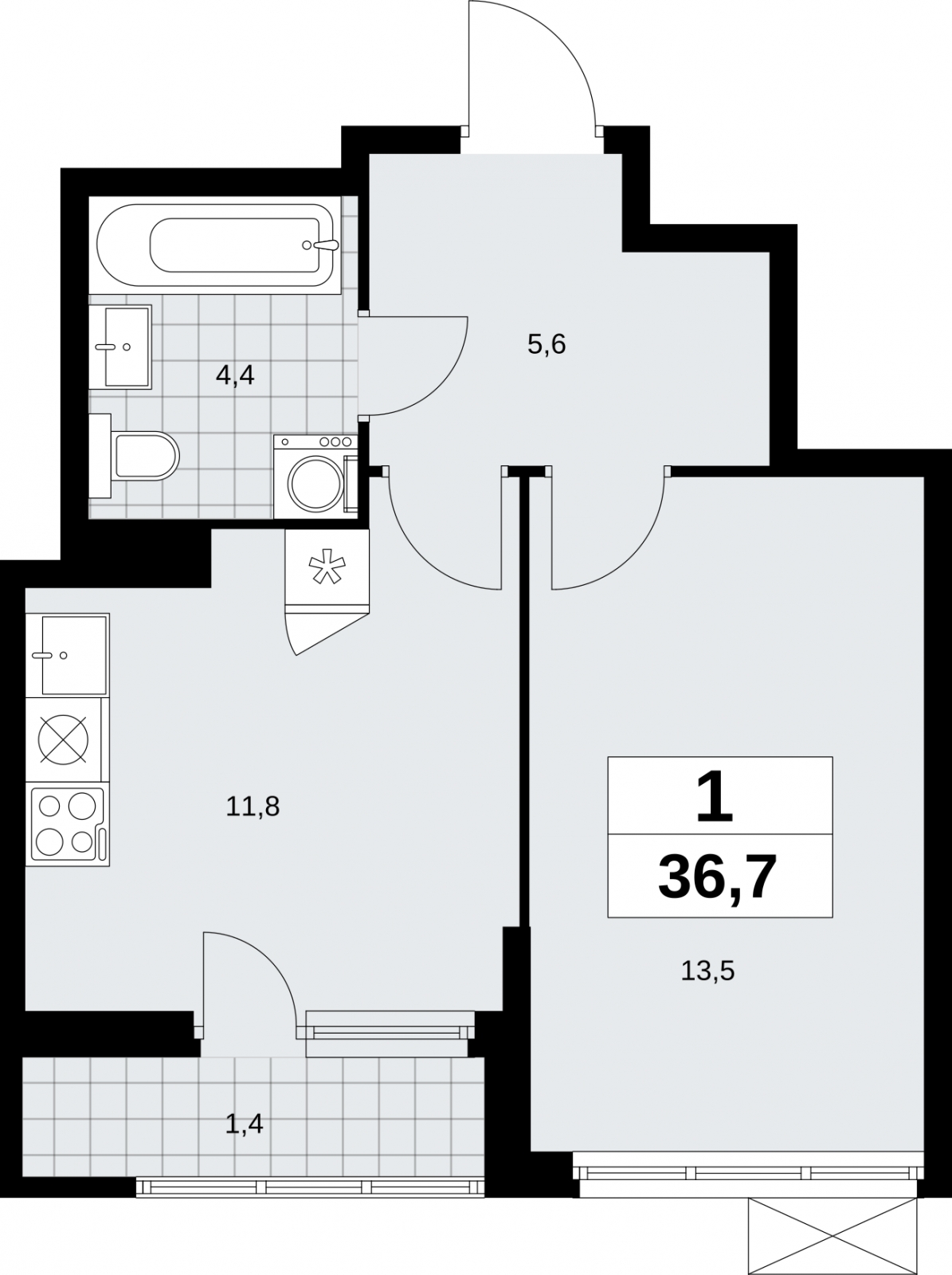 1-комнатная квартира (Студия) в ЖК Дзен-кварталы на 14 этаже в 1 секции. Сдача в 2 кв. 2026 г.
