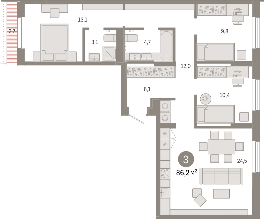 2-комнатная квартира с отделкой в ЖК Октябрьский на Туре на 7 этаже в 2 секции. Сдача в 2 кв. 2025 г.