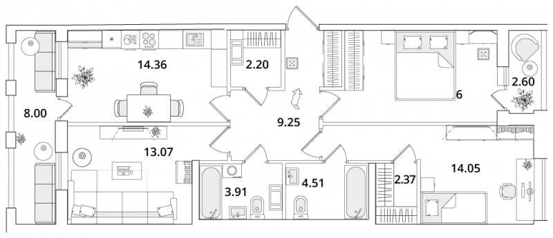 2-комнатная квартира с отделкой в ЖК Дзен-кварталы на 3 этаже в 1 секции. Сдача в 3 кв. 2026 г.