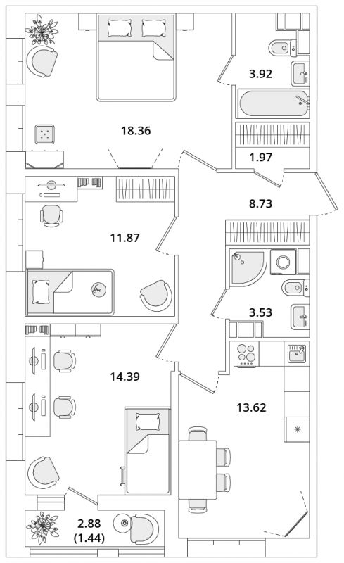 2-комнатная квартира с отделкой в ЖК Октябрьский на Туре на 11 этаже в 3 секции. Сдача в 2 кв. 2025 г.
