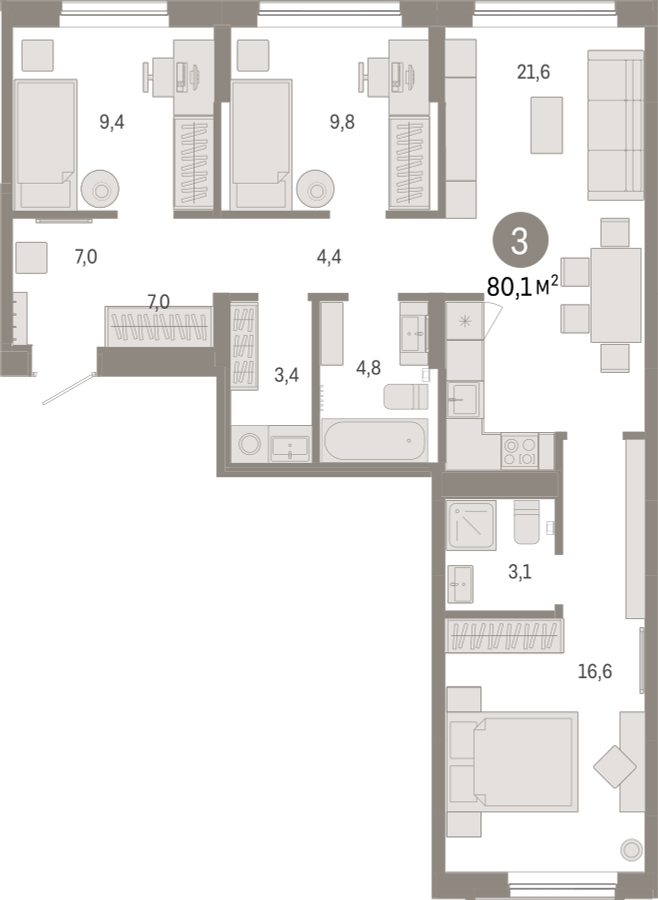3-комнатная квартира с отделкой в ЖК Октябрьский на Туре на 24 этаже в 1 секции. Сдача в 2 кв. 2025 г.