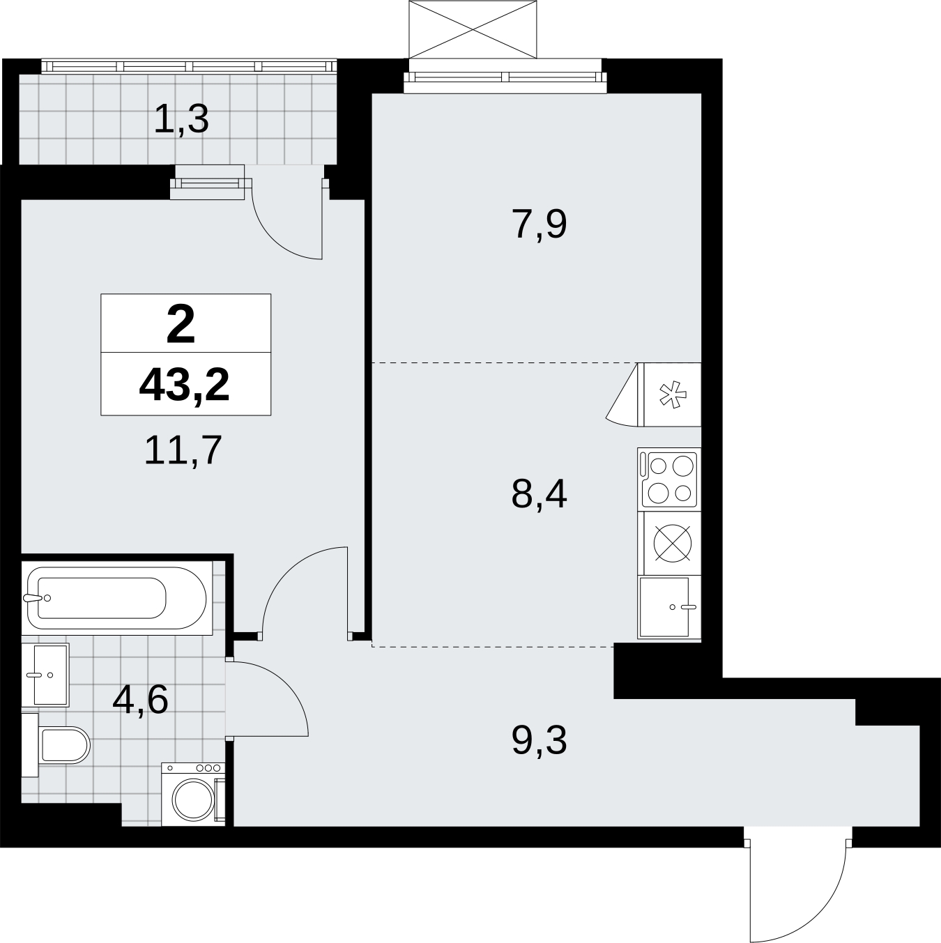 2-комнатная квартира в ЖК Дзен-кварталы на 3 этаже в 2 секции. Сдача в 1 кв. 2026 г.