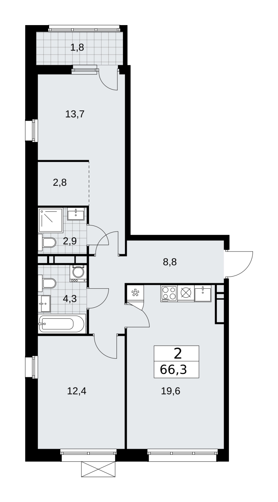 2-комнатная квартира с отделкой в ЖК Настоящее на 15 этаже в 1 секции. Сдача в 4 кв. 2022 г.