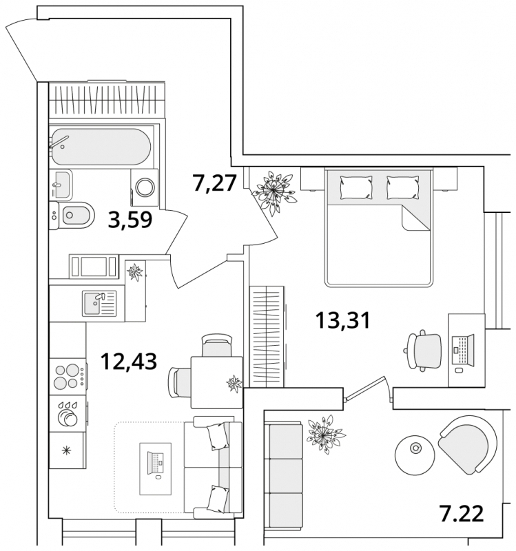 2-комнатная квартира в ЖК Дзен-кварталы на 12 этаже в 4 секции. Сдача в 1 кв. 2026 г.