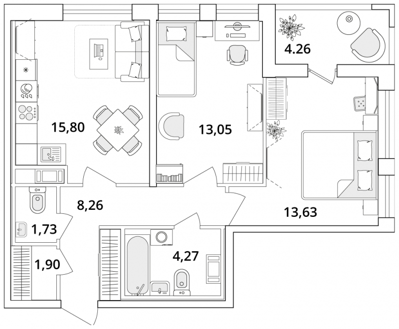 1-комнатная квартира в ЖК Дзен-кварталы на 2 этаже в 3 секции. Сдача в 1 кв. 2026 г.