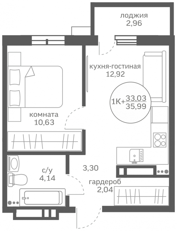 1-комнатная квартира (Студия) с отделкой в ЖК Дзен-кварталы на 4 этаже в 3 секции. Сдача в 3 кв. 2026 г.