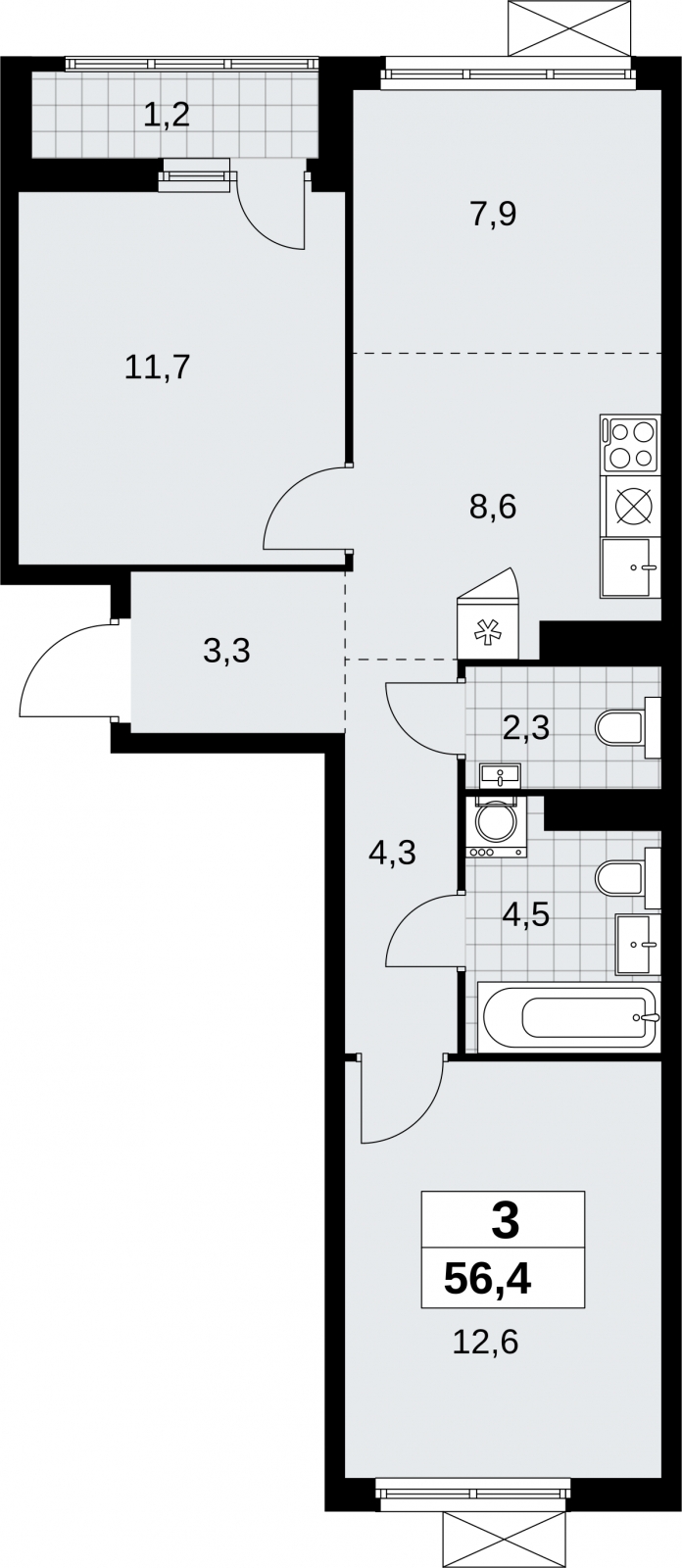 3-комнатная квартира с отделкой в ЖК Дзен-кварталы на 3 этаже в 2 секции. Сдача в 2 кв. 2026 г.