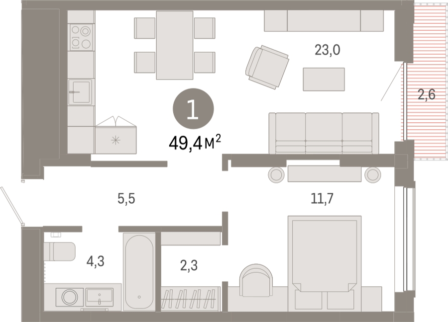 1-комнатная квартира в ЖК Дзен-кварталы на 12 этаже в 1 секции. Сдача в 2 кв. 2026 г.