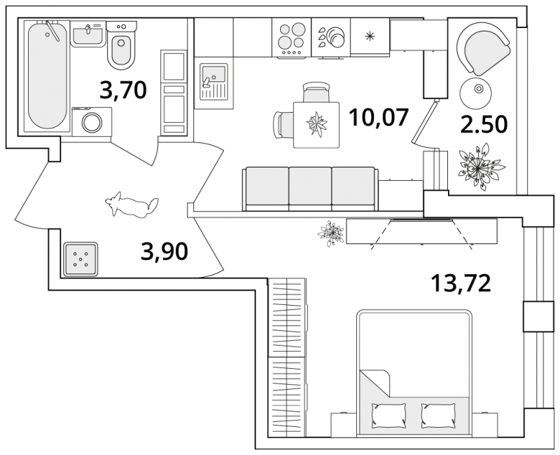 1-комнатная квартира в ЖК Дзен-кварталы на 8 этаже в 3 секции. Сдача в 1 кв. 2026 г.