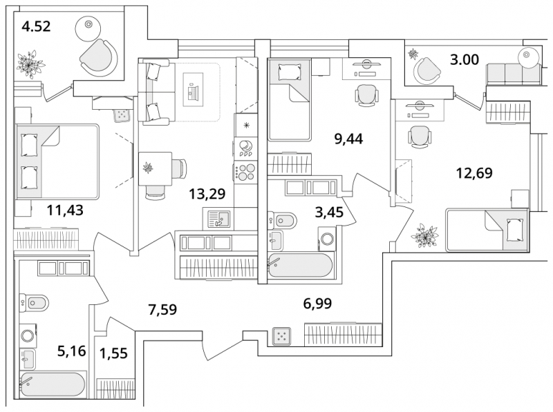 3-комнатная квартира в ЖК Дзен-кварталы на 6 этаже в 4 секции. Сдача в 1 кв. 2026 г.