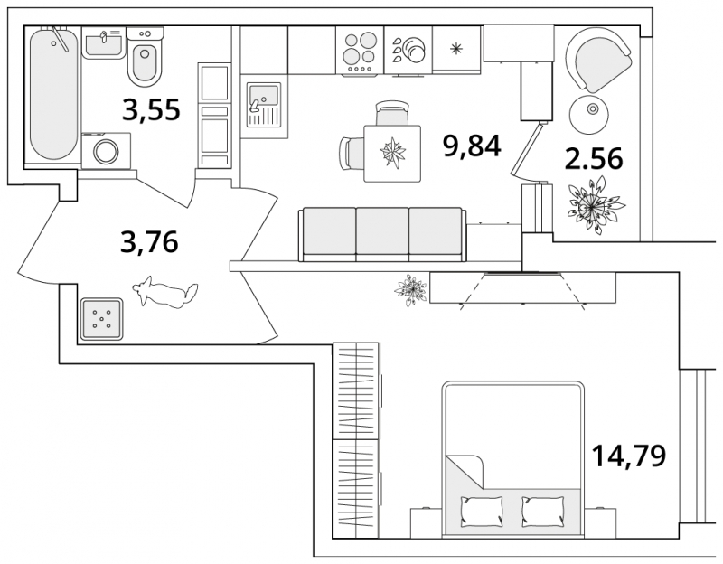 1-комнатная квартира в ЖК Дзен-кварталы на 5 этаже в 2 секции. Сдача в 2 кв. 2026 г.