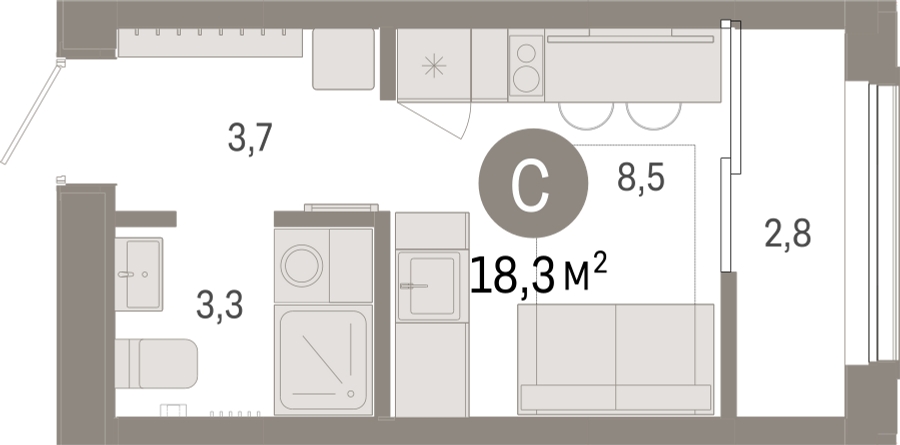 1-комнатная квартира (Студия) с отделкой в ЖК Октябрьский на Туре на 5 этаже в 1 секции. Сдача в 2 кв. 2025 г.