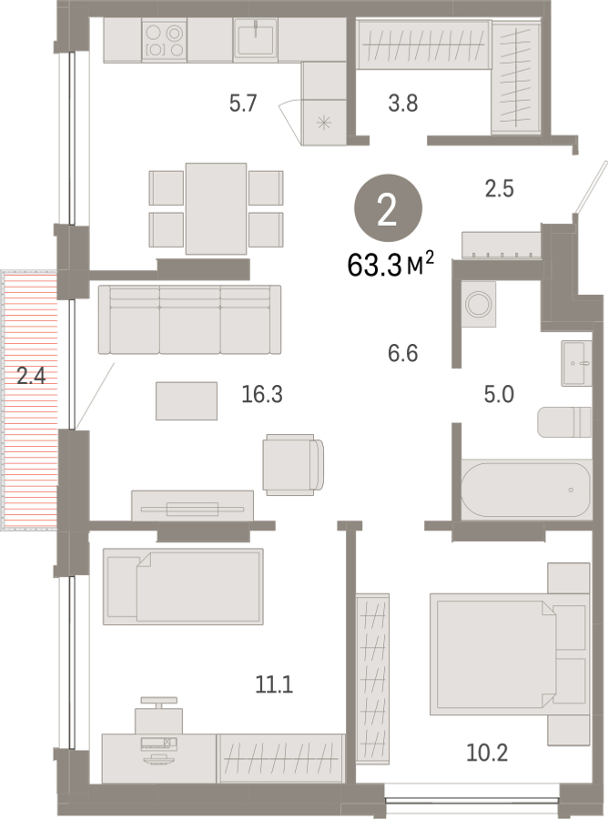 2-комнатная квартира в ЖК Дзен-кварталы на 2 этаже в 3 секции. Сдача в 2 кв. 2026 г.