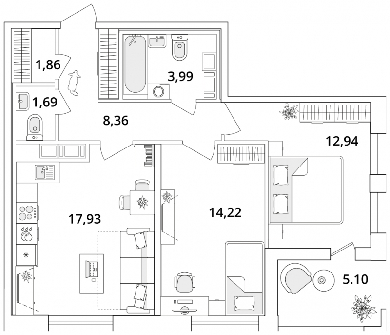 2-комнатная квартира в ЖК Дзен-кварталы на 15 этаже в 1 секции. Сдача в 1 кв. 2026 г.