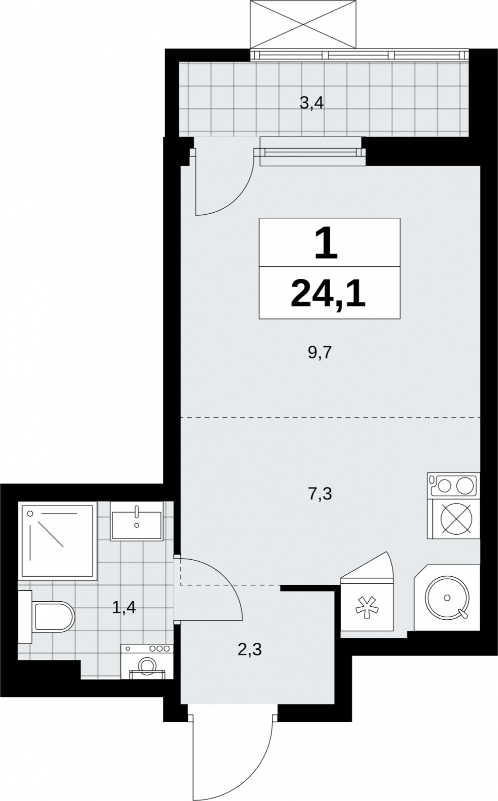 1-комнатная квартира (Студия) в ЖК Дзен-кварталы на 9 этаже в 5 секции. Сдача в 1 кв. 2026 г.