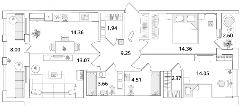 3-комнатная квартира с отделкой в ЖК Октябрьский на Туре на 7 этаже в 3 секции. Сдача в 2 кв. 2025 г.