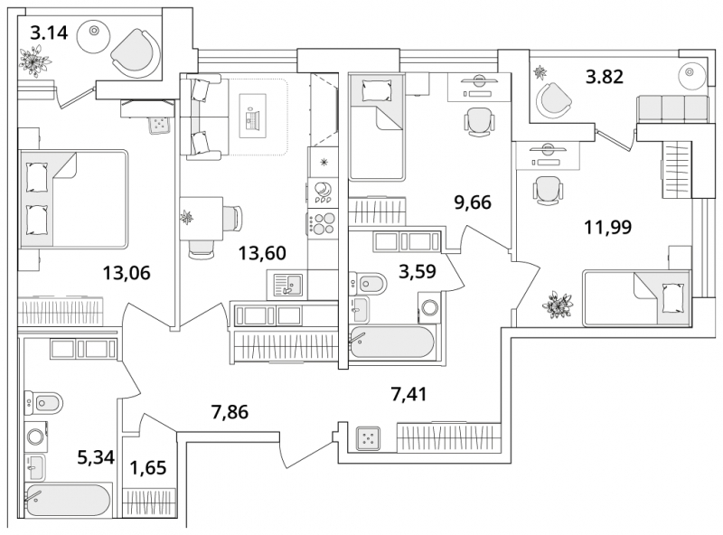 2-комнатная квартира с отделкой в ЖК Дзен-кварталы на 13 этаже в 1 секции. Сдача в 3 кв. 2026 г.