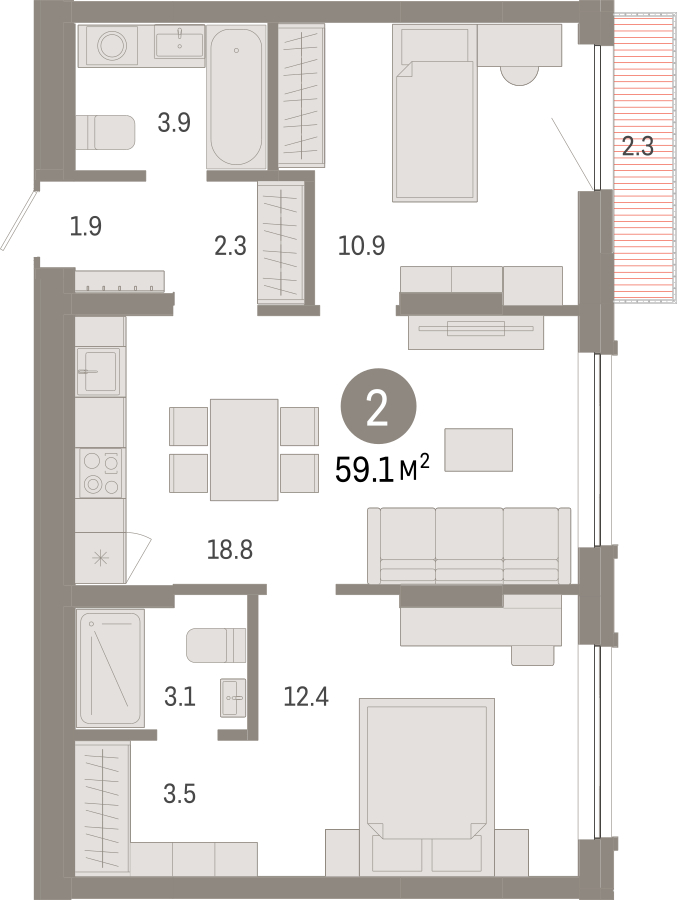 3-комнатная квартира с отделкой в ЖК Октябрьский на Туре на 21 этаже в 1 секции. Сдача в 2 кв. 2025 г.