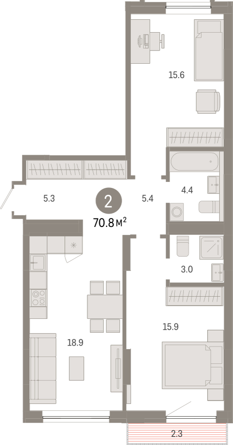 3-комнатная квартира с отделкой в ЖК Октябрьский на Туре на 25 этаже в 1 секции. Сдача в 2 кв. 2025 г.