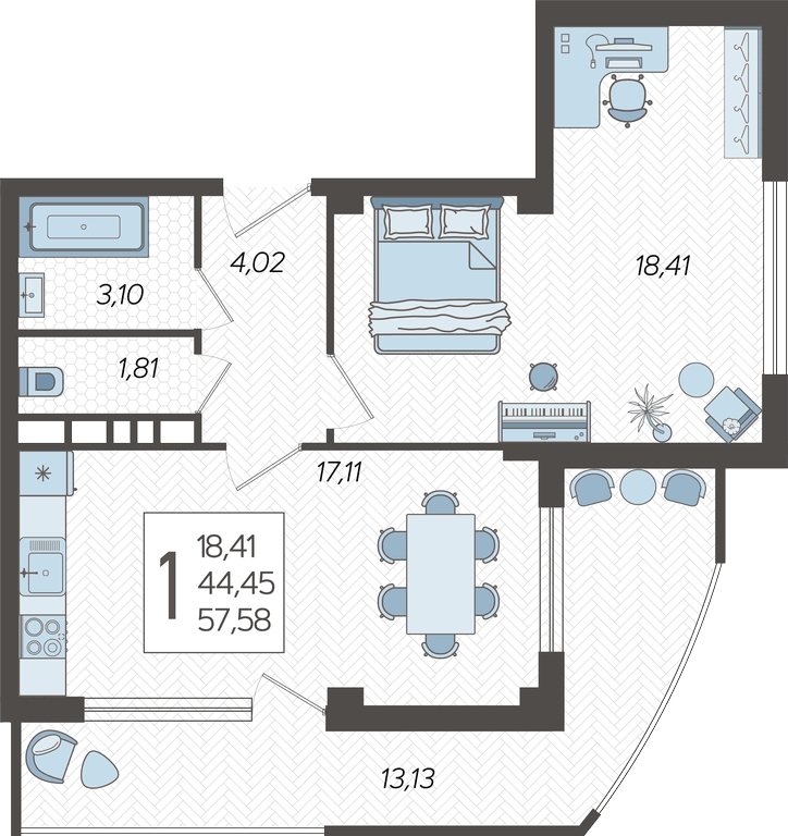 1-комнатная квартира с отделкой в ЖК RedRock на 19 этаже в 1 секции. Сдача в 2 кв. 2024 г.