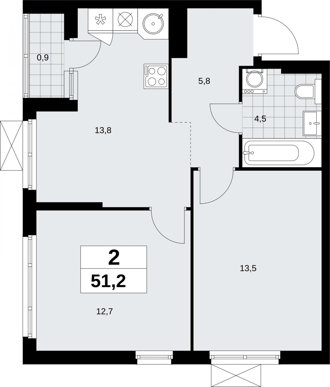 2-комнатная квартира в ЖК MONODOM FAMILY на 11 этаже в 1 секции. Сдача в 4 кв. 2021 г.