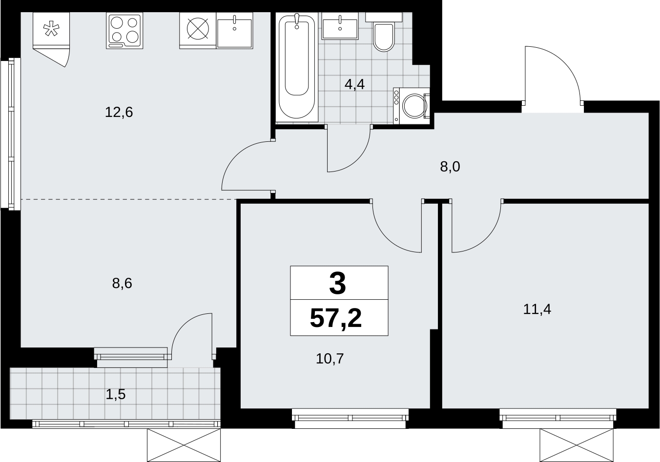 3-комнатная квартира в ЖК MONODOM FAMILY на 8 этаже в 1 секции. Сдача в 4 кв. 2021 г.