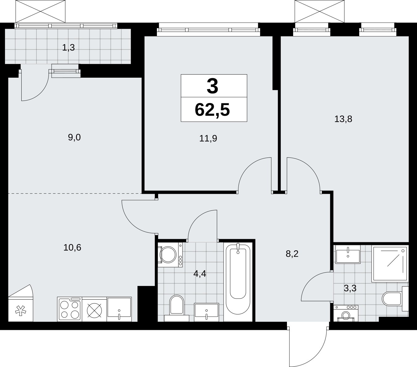 2-комнатная квартира в ЖК КутузовGRAD 2 на 9 этаже в 1 секции. Сдача в 2 кв. 2022 г.