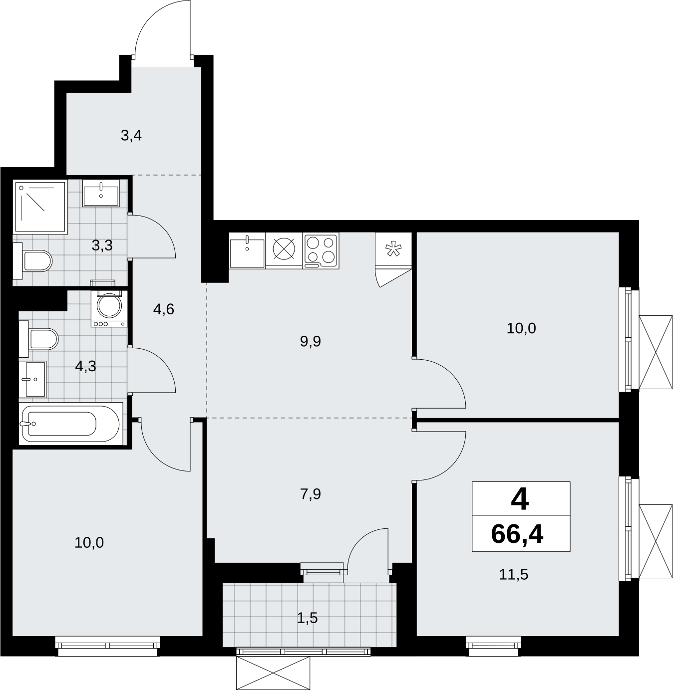3-комнатная квартира с отделкой в ЖК RiverSky на 12 этаже в 1 секции. Сдача в 4 кв. 2021 г.
