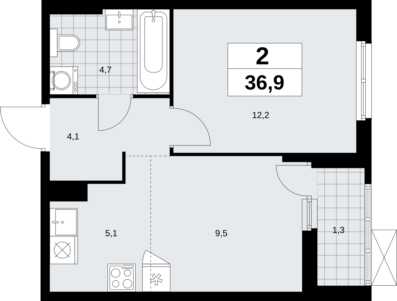 2-комнатная квартира в ЖК КутузовGRAD 2 на 29 этаже в 1 секции. Сдача в 2 кв. 2022 г.