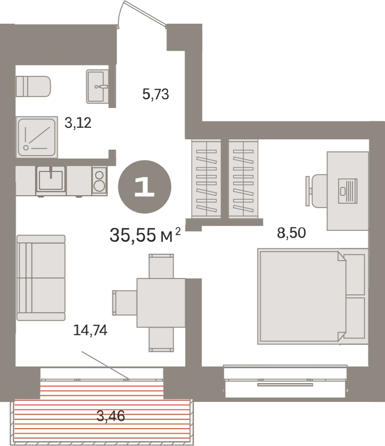 1-комнатная квартира в ЖК Дзен-кварталы на 12 этаже в 1 секции. Сдача в 2 кв. 2026 г.
