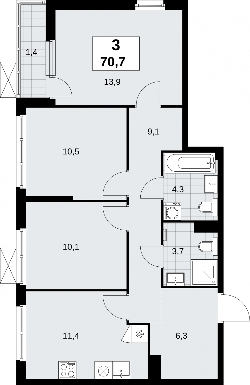 3-комнатная квартира в ЖК КутузовGRAD 2 на 2 этаже в 2 секции. Сдача в 3 кв. 2022 г.