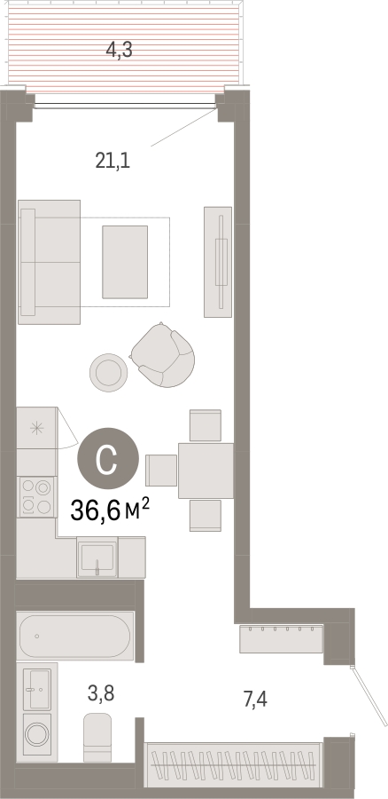 1-комнатная квартира с отделкой в ЖК Октябрьский на Туре на 2 этаже в 4 секции. Сдача в 2 кв. 2026 г.