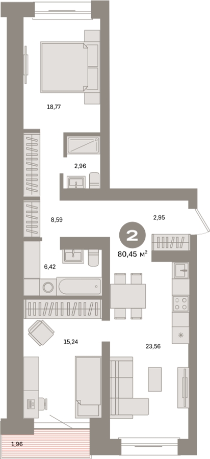 2-комнатная квартира с отделкой в ЖК Октябрьский на Туре на 2 этаже в 1 секции. Сдача в 2 кв. 2025 г.