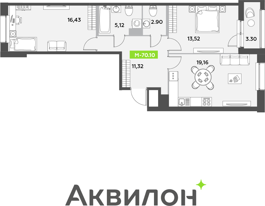 2-комнатная квартира с отделкой в ЖК Октябрьский на Туре на 17 этаже в 6 секции. Сдача в 2 кв. 2026 г.
