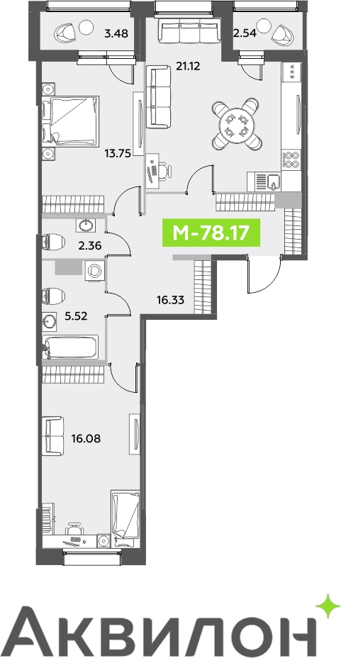 1-комнатная квартира с отделкой в ЖК Октябрьский на Туре на 15 этаже в 3 секции. Сдача в 2 кв. 2025 г.