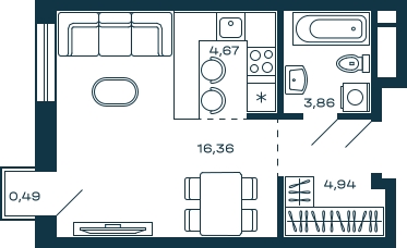 1-комнатная квартира (Студия) с отделкой в ЖК Октябрьский на Туре на 17 этаже в 3 секции. Сдача в 2 кв. 2025 г.