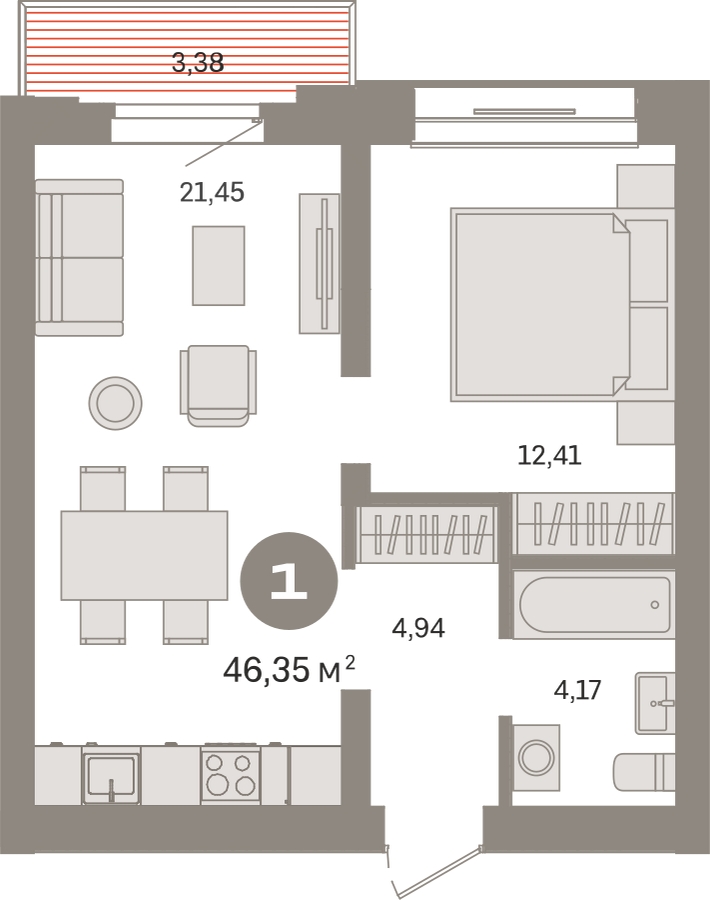 1-комнатная квартира с отделкой в ЖК Октябрьский на Туре на 14 этаже в 3 секции. Сдача в 2 кв. 2025 г.
