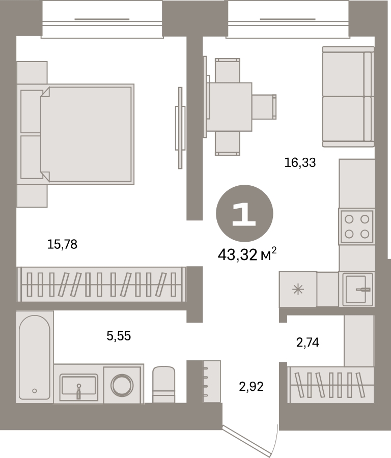 1-комнатная квартира (Студия) с отделкой в ЖК Октябрьский на Туре на 7 этаже в 6 секции. Сдача в 2 кв. 2026 г.