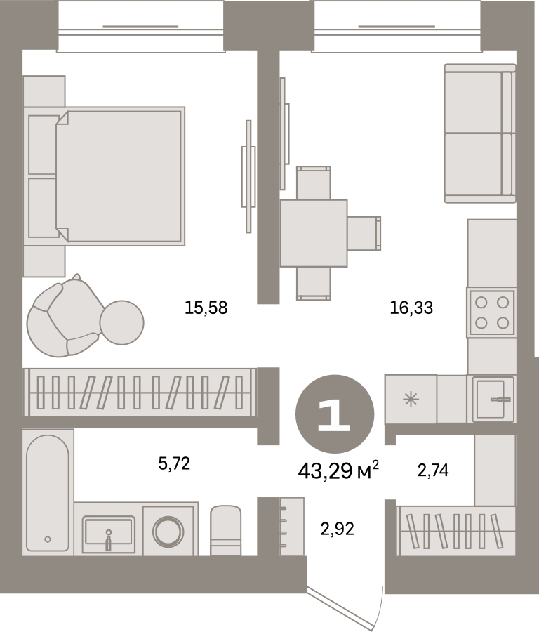 1-комнатная квартира с отделкой в ЖК Октябрьский на Туре на 16 этаже в 3 секции. Сдача в 2 кв. 2025 г.
