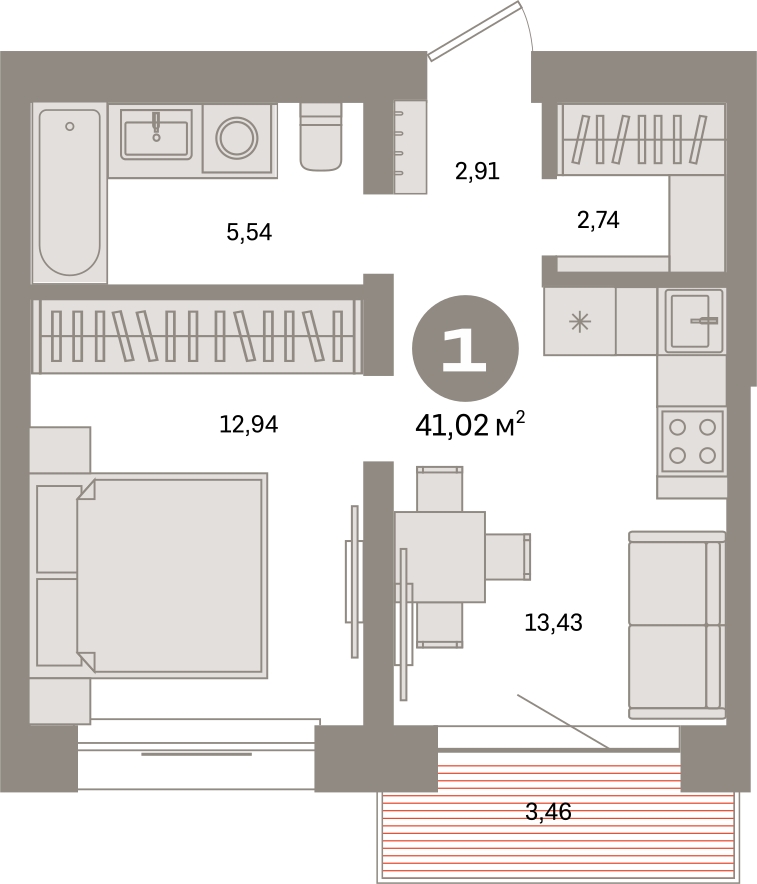 2-комнатная квартира с отделкой в ЖК Октябрьский на Туре на 11 этаже в 1 секции. Сдача в 2 кв. 2025 г.